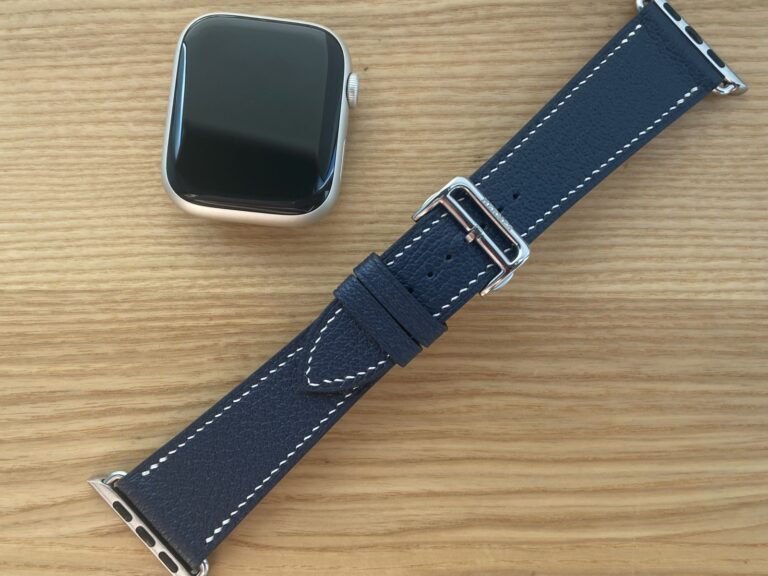 Шкіряний ремінець для Apple Watch 42 44 45 мм синього кольору з контрастним ручним швом і пряжкою